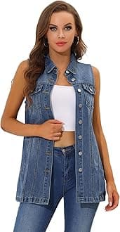 Allegra K Women's Denim Vest Sleeveless Button Down Waistcoat Casual Long Jean Vests