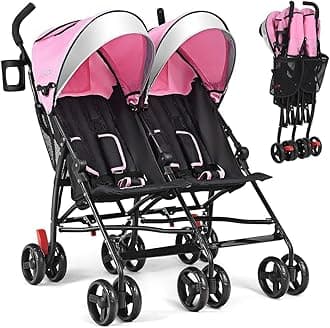 BABY JOY Double Umbrella Stroller, Lightweight Travel Side by Side Twin Stroller with Large Storage, Cup Holder, 5-Point Safety Harness, Adjustable Canopy & Compact Fold for Infant and Toddler (Pink)