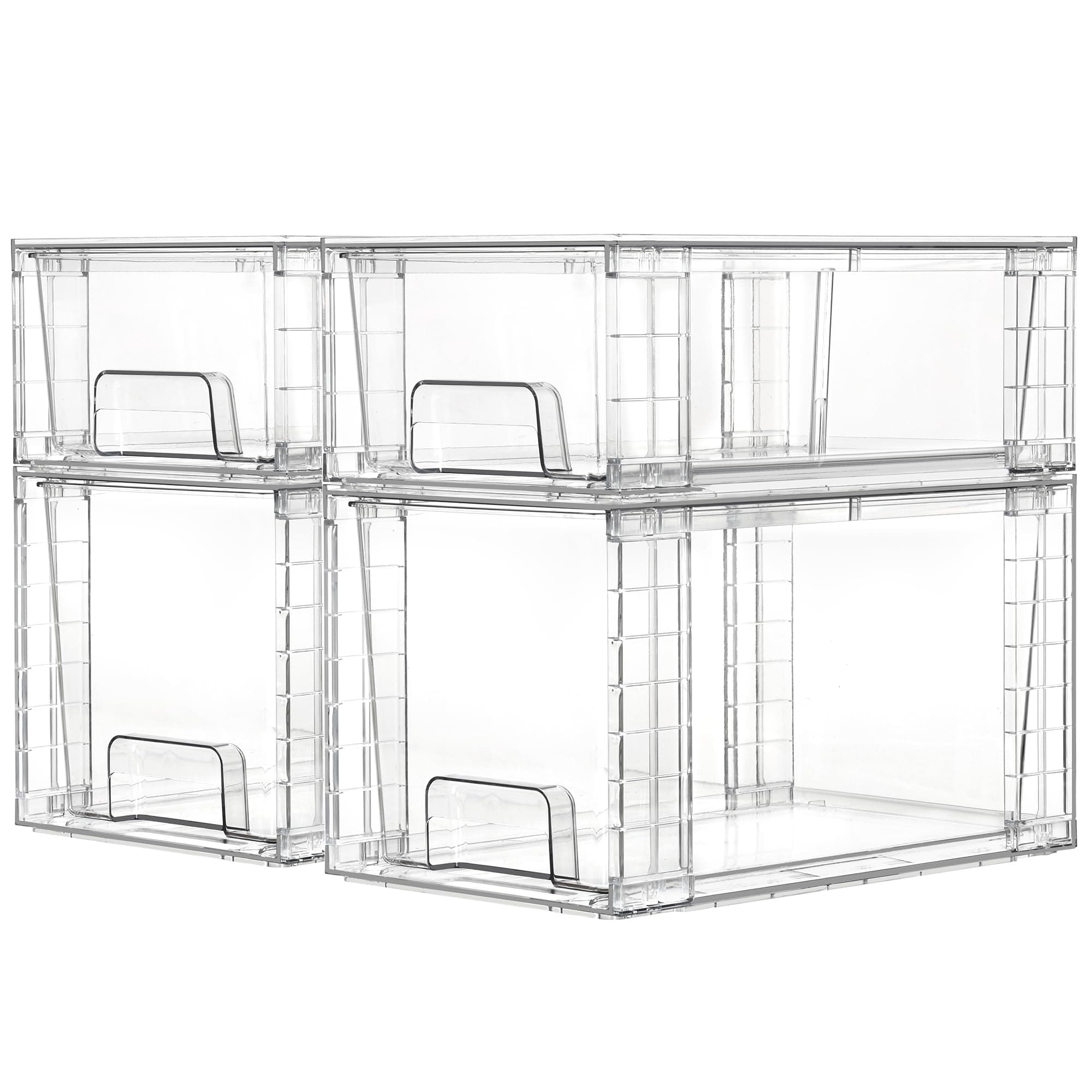 4 Pack Clear Stackable Storage Drawers,Easy to Assemble Bathroom Organizers and Storage with handles,Plastic storage drawers for Kitchen Pantry,Cabinet,Under Sink Organization