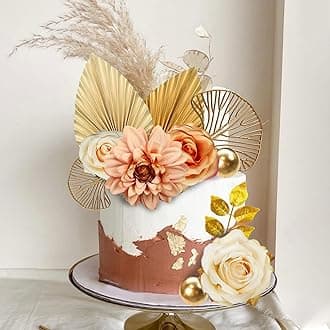 DRWATE Cake Topper, 11pcs Boho Flower Gold Leaves Cake Decorations for Wedding Baby Shower Birthday Party Supplies