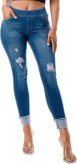 Jvini Women’s Stretch Denim Pull On Jeans with Pockets – Ripped Distressed Elastic Waist Jeggings Skinny Denim Pants