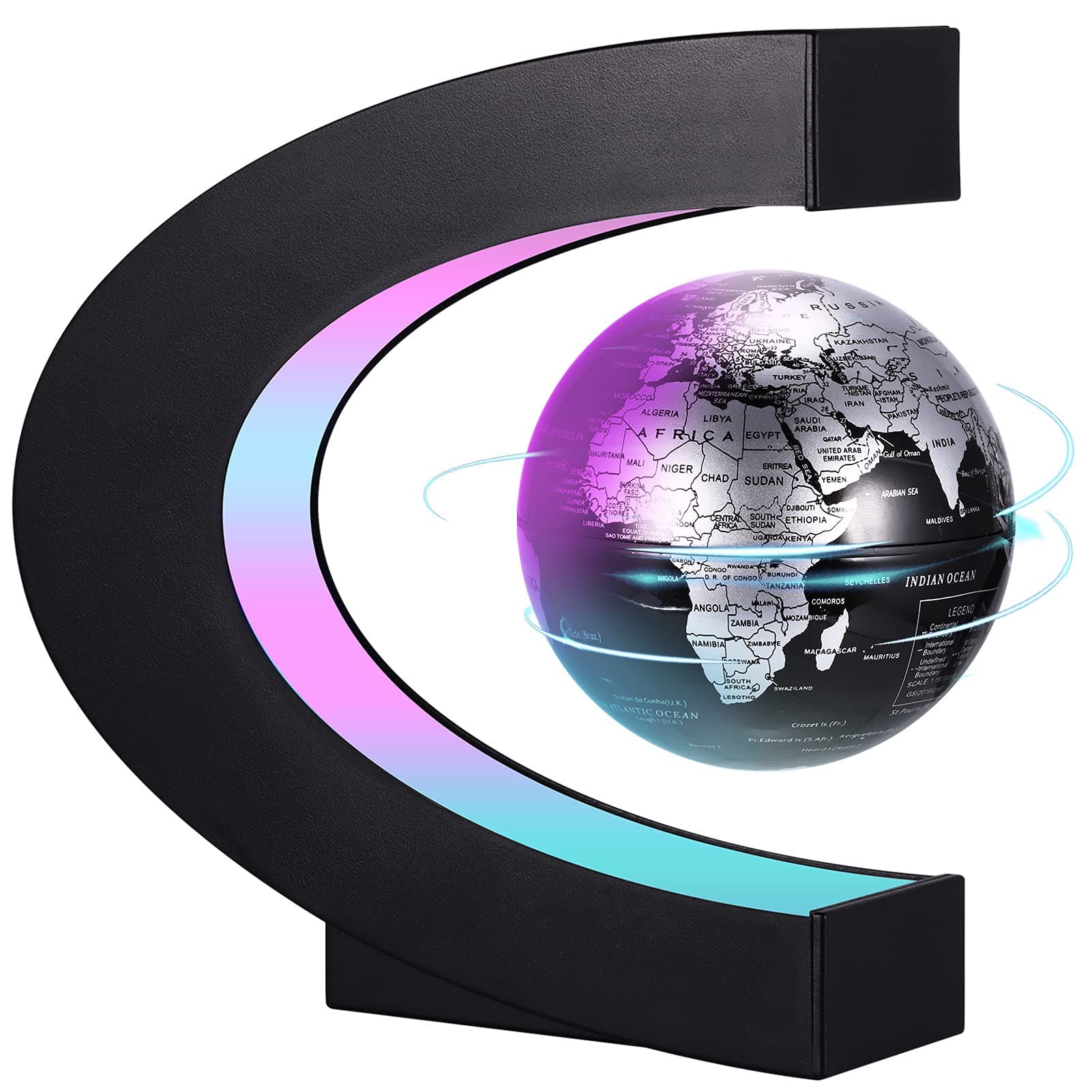 Floating Globe with LED Lights, C Shape Magnetic Levitating Globe, Anti Gravity Rotating World Map for Home Office Study Desk Decoration, Cool Gadget Gifts for Kids Teens Men Women (Silver)