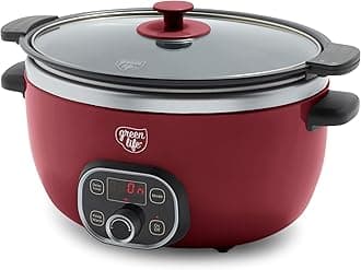 6QT Slow Cooker, Non-Toxic PFAS-Free Ceramic Nonstick Removable Interior Bowl, Programmable, Family Friendly, Keep Warm, Stovetop & Oven Safe, Dishwasher Safe Crock, Timer, Glass Lid, Red