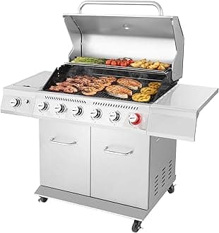 GA6402S 6-Burner Propane Gas Grill with Side Burner and Warming Rack, 74,000 BTUs, Cabinet Style Outdoor BBQ Grill for Barbecue Grilling & Backyard Cooking, Silver