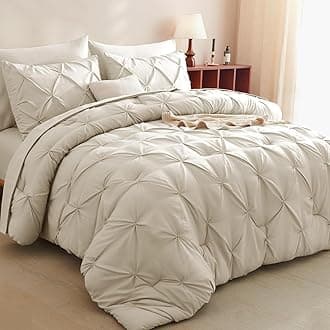 CozyLux Queen Comforter Set Oatmeal, 7 Pieces Pintuck Bed in A Bag, Premium Oatmeal Comforter Queen Size, Pinch Pleat Bedding Sets with Comforter, Sheets, Pillowcases & Shams