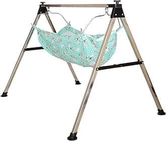 ZuMart® Baby Boy's and Girl's Portable Folding Swing Baby Cradle Ghodiyu Palna with Hammock Having Mosquito Net,Square,Steel,Black