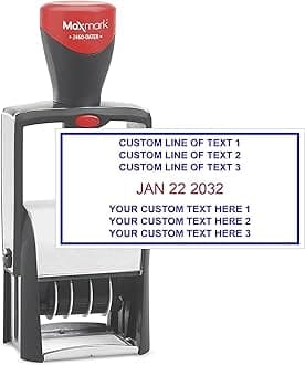 MaxMark Heavy Duty Date Stamp with 6-Line Custom Text, Self Inking Date Stamp - 2460 - Choose from Many Font and Color Options