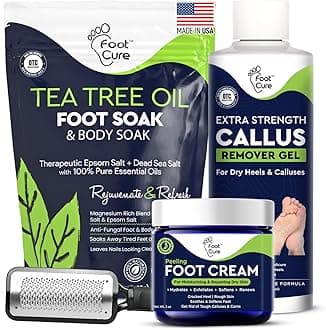 FOOT CURE Exfoliator & Callus Remover Pedicure Set – Care Kit Includes File for Dead Skin, Tea Tree Oil Soak Salts, Urea Cream 40 Percent Removal Gel Made in USA, Ivory, 4 Piece