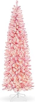 Best Choice Products Flocked Pink Pencil Christmas Tree, Pre-Lit Slim Artificial Holiday Decoration, 12ft Lighted Skinny w/Base, Warm White Lights