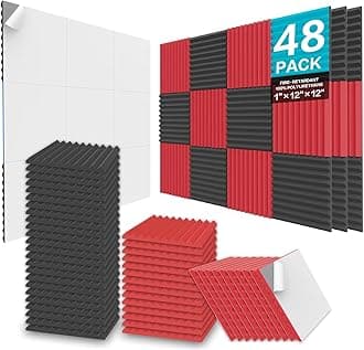 – JBER 48 Pack Acoustic Foam Panels, 2.5 X 30 X 30cm/1" X 12" X 12" Studio Soundproofing Wedges Fire Resistant Sound Proof Padding Acoustic Treatment Foam - Black & Red