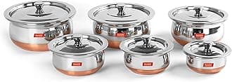 Sumeet Stainless Steel Copper Bottom 6 Pc Handi/Cookware/Servware Pot Set with Lid 360ML, 500ML, 800ML, 1Ltr, 1.250Ltr, 1.650Ltr (Silver)