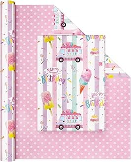 Ice Cream Reversible Wrapping Paper - 1 Roll 17” x 33 ft Happy Birthday Wrapping Paper Roll Kids Pink Summer Birthday Gift Wrap Roll Girls Wrapping Paper Polka Dot Design Bday Party Favor