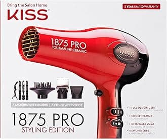 1875 Watt Pro Tourmaline Ceramic Hair Dryer, Styling Edition, 3 Heat Settings, 2 Speed Settings, Cool Shot Button, 7 Blow Dryer Accessories Included, 2-Year Warranty - Red