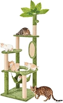 55" Cat Tree for with Green Leaves, Multi-Level Large Cat Tower with Hammock, Plush Cat House with Hang Ball Toy and Sisal Scratching Posts Furniture