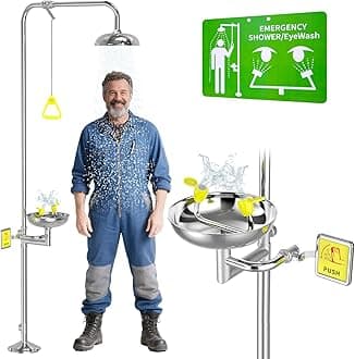 304 Stainless Steel Combination Emergency Eye Wash Shower Station, Industrial & Commercial Level with Emergency Sign, NPT Thread, Safety Eyewash Stations, ANSI Z358.1-2014 Standards.