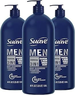 Suave Men Shampoo Conditioner Bodywash 3 in 1 Charcoal &Warm Ginger to Cleanse and Nourish Hair and Skin, 40 oz Pack of 3