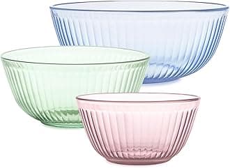 Colors Set of 3 Tinted Carved Mixing Bowls Without Lid Small/Medium/Large Glass Space Saving for Prep and Baking, 1.3L, 2.3L and 4.5L (Pink, Green)