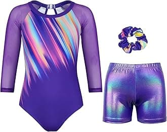 Gymnastics Leotards for Girls With Shorts Sparkly Ballet Dance Long Mesh Sleeve