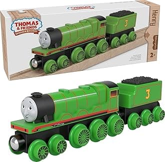 Thomas & Friends Wooden Railway, Henry Engine and Coal Car, push-along train made from sustainably sourced wood for kids 2 years and up