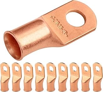 SELTERM 10pcs 2/0 AWG - 3/8" Stud - Battery Lugs, Heavy Duty Wire Lugs, Ring Terminals, Battery Cable Ends,00 Gauge Terminals, UL Bare Copper Eyelets Electrical Battery Terminal Connectors