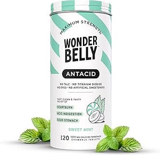 Wonderbelly Antacid, Effective Heartburn and Instant Acid Indigestion Relief, Extra Strength Chewable Tablets, 1000 mg Calcium Carbonate, No Talc or Dye, Sweet Mint, 120 Count