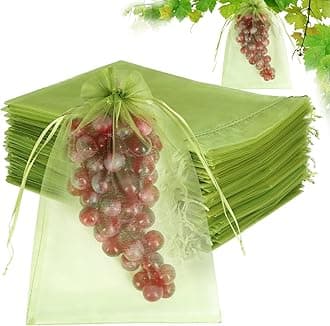100pcs Fruit Protection Bags 8x12 inch, Green Netting Cover Bags Drawstring Mesh Fruit Protectors Pest Barrier for Grapes Mango Trees Veggies Garden