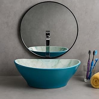 SEA SHORE IMPORTED Premium Designer Table Top Ceramic Wash Basin | Over Counter Bathroom Basin | Vessel Sink with Slim Rim Counter Top for Bathroom (16 x 12 x 5.5 Inch, Cyan & Smoky Blue)