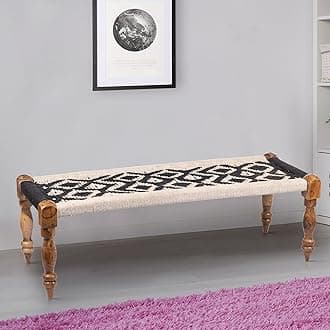 Ikiriya Hamilton Sheesham Wood 2 Seater Maachi Bench | Patio Bench in Black & White Rope Canning (4 Feet Width; 1 Yr. Warranty)