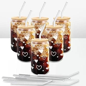 Glass Cups with Lids and Straws – 16oz Iced Coffee Tumblers, Heart Glass Cup Set of 6 for Cold Drinks, Brunch, Girls Night, Gift Use