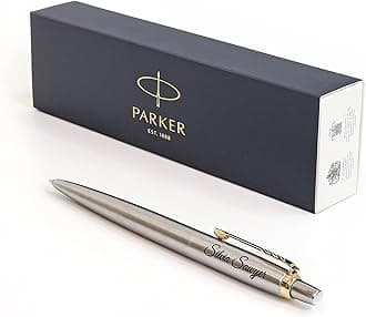 Personalised Engraved Pen made with Parker Jotter SS + Gift Box | Customised Present for Men Woman | Golden Trim - black ink
