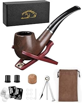 Joyoldelf Tobacco Pipe Set, Short Handle Curved Smoking Pipe with Foldable Pipe Stand Holder, Pipe Starter Kit for Beginner with Gift Box and Accessories