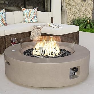 COSIEST Outdoor Propane Fire Pit Coffee Table w Gray 40.5-inch Round Base Patio Heater, 50,000 BTU Stainless Steel Burner, Wind Guard, Black Fire Glass, Rain Cover
