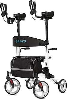 ELENKER Upright Rollator Walker, Stand Up Rolling Walker, Mobility Walking Aid with 10” Front Wheels, Seat and Armrest for Seniors and Adults, White
