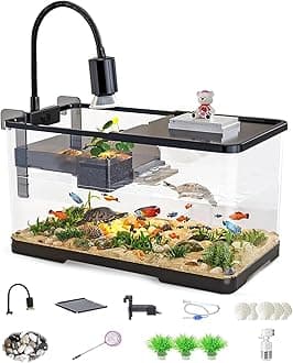 Fish Aquarium Tank Ultra Clear, Turtle Tank Kit with Light and Filter, Turtle Box Starter Kit,Bottom Drainage, Multi-Function Areas for Turtles, Crabs, Fishes, Amphibians, Reptiles (L)