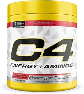 C4 Energy + Aminos Powder, 5g BCAAs & EAAs for Muscle Recovery, 3 Electrolytes for Hydration, 100mg Natural Caffeine, Pre Workout, Zero Sugar, 30 Servings, Fruit Punch