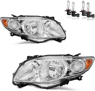 Headlights Assembly for 2009-2010 Toyota Corolla Halogen Headlamp Replacement Chrome Housing Amber Reflector Passenger and Driver Side