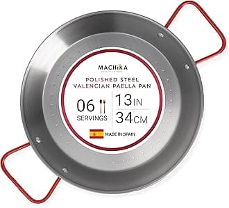 Machika 13 inch Carbon Steel Paella Pan, 34cm Polished Steel Large Skillet From Spain, Great for Paella Parties Indoors, Outdoors, Camping & More, Imported Spanish Paellera, Made by Garcima