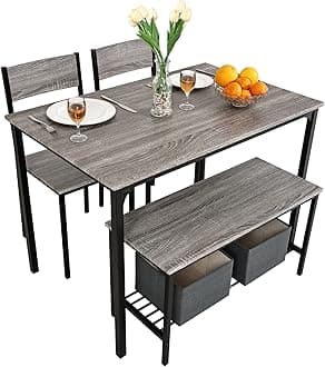 PULUOMIS Dining Table and Chairs Set 4, Space Saving Kitchen Table and 2 Chairs and Bench, Dining Room Furniture Set with Metal Frame and Wood Effect for Home Apartment, Grey
