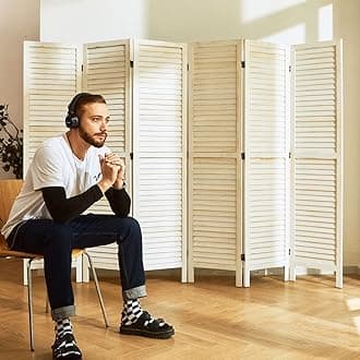 Room Dividers and Folding Privacy Screens, Wood Louvered Separators Divider Wall for Home Office Bedroom - 6 Panels, 67 * 90inch (White-Washed)