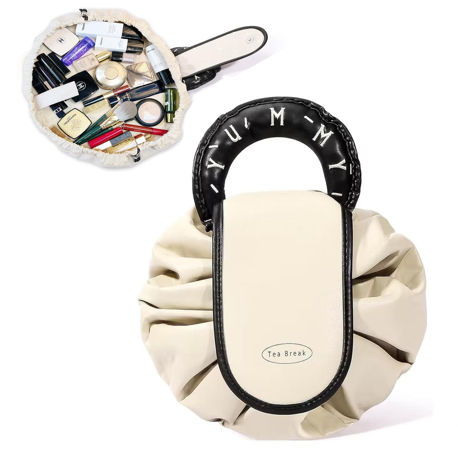 Lay Flat Drawstring Make up Bag, Large-Capacity Flat Toiletry Bag, Portable Travel Cosmetic Storage Bag, Lazy Cosmetic Bag for Daily Use and Travel