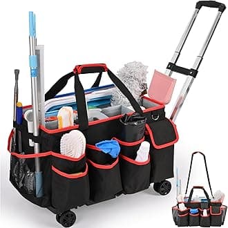 yookee home Rolling Cleaning Bag with Detachable Trolley, Portable Cleaning Cart on Wheels for Cleaning Supplies, Professional Cleaning Caddy with Shoulder Strap for Housekeepers, Red