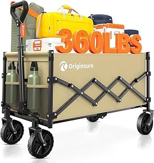 Originsure Collapsible Wagon Cart Foldable - Lightweight Portable Heavy Duty Folding Beach Wagons with Wheels - Outdoor Utility Carts for Grocery, Camping, Shopping, Sports with Large Capacity - Khaki