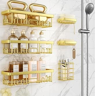 Veken Adhesive Shower Caddy 6-Pack,Gifts for Women Mom,Heavy Weight Bearing,Large Wall Mounted Bathroom Shelves Rack,Organizer Storage Accessories with Soap Dish&Toothbrush Holder,Bright Gold
