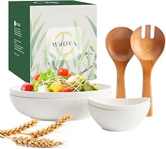 Large Serving Bowls Set 6 Pack- Wheat Straw Salad Bowls 65oz with Wood Salad Servers and 10oz Sauce Bowl- Unbreakable Salad Bowl with Serving Utensils for Party, Family- White