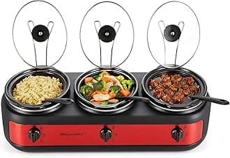 EWMST-325R Maxi-Matic Triple Slow Cooker Buffet Server Adjustable Temp Dishwasher-Safe Oval Ceramic Pots, Lid Rests, 3 x 2.5 Qt Capacity, Red