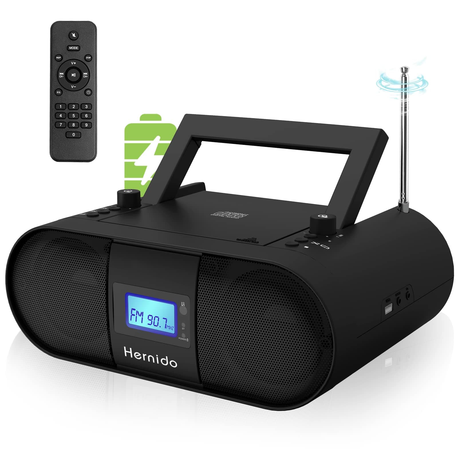 Hernido Portable CD Player, Bluetooth Boombox Support Remote Control, FM Radio with Dual Stereo Sound System, Rechargeable Speaker Playback CD/CD-R/CD-RW/MP3, USB & AUX Ports, Headphone Jack
