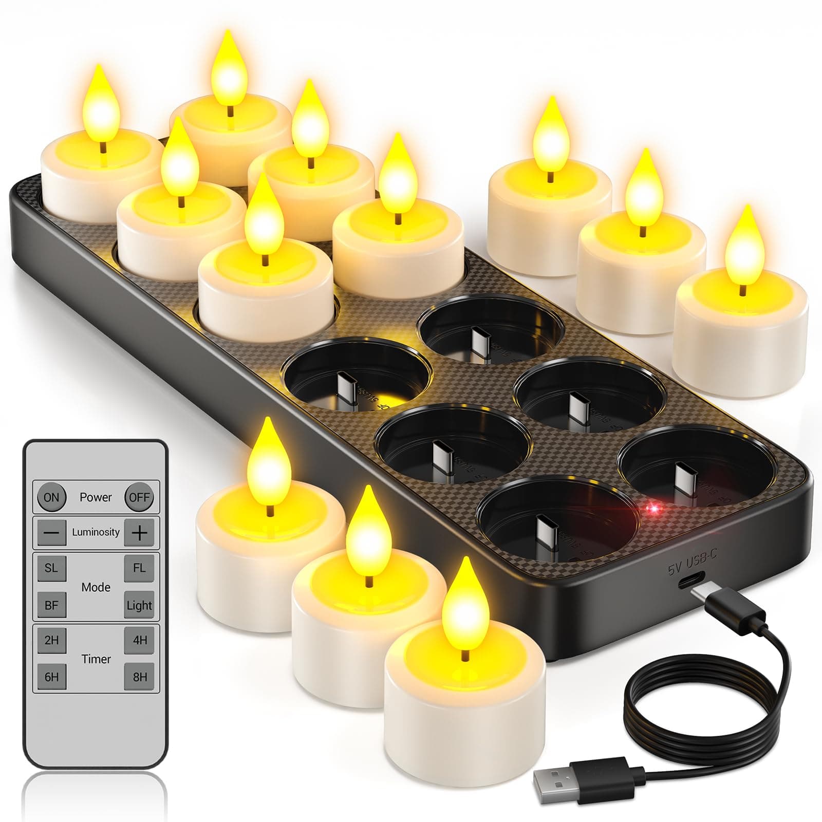 Yme Rechargeable Tea Lights with Timer Function and Charging Station, 12 LED Tea Lights Rechargeable Candles Flickering with Remote Control Timer for Room Living Room Halloween Christmas Table Party