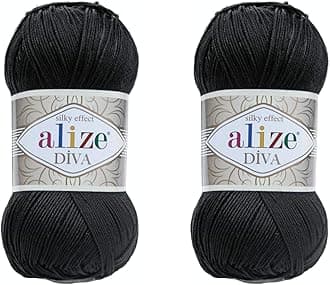 Alize Diva Yarn Hand Knitting Yarn 100% Microfiber Acrylic Yarn Alize Diva Silk Effect Thread Crochet Art Lace Craft Lot of 2 skeins 200gr 767 yds (60-Black)