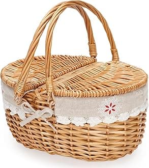 Zormy 12" Light Picnic Basket - Small Wicker Basket with Handle Lid & Removable Lining, Cute Toy Basket for Kids, Gift Basket Empty for Halloween, Christmas, Valentines, Easter, Birthday - Flake