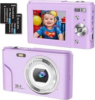 FamBrow Digital Camera 1080P Full HD Compact Camera 36MP Vlogging Camera with 16X Digital Zoom, Photo Camera 2.4 Inch LCD Mini Video Camera for Students/Children/Adults/Beginners（Purple）